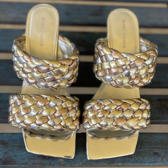 Marc Fisher Toree Women’s Braided Metallic Heeled Sandals 9.5 Silver Square Toe - Picture 1 of 10